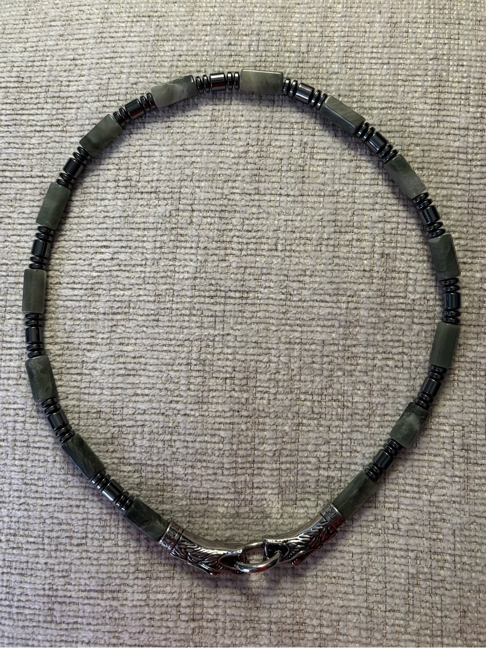 Moss Agate, Hematite, Stainless Steel Men’s Dragon Heads Necklace